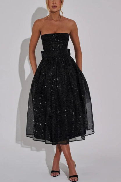Glitter Mesh Strapless Ruched Fit-and-Flare Pocket Midi Dress