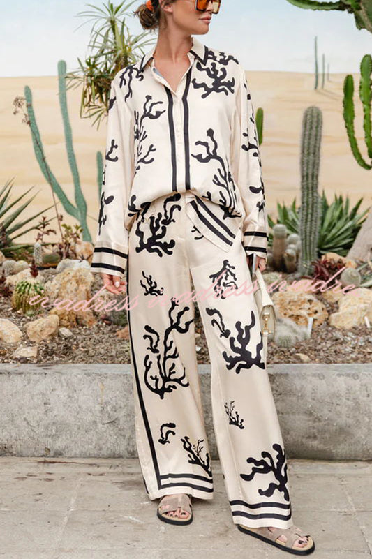 Light and Comfortable Satin Unique Print Elastic Waist Pocketed Wide Leg Pants