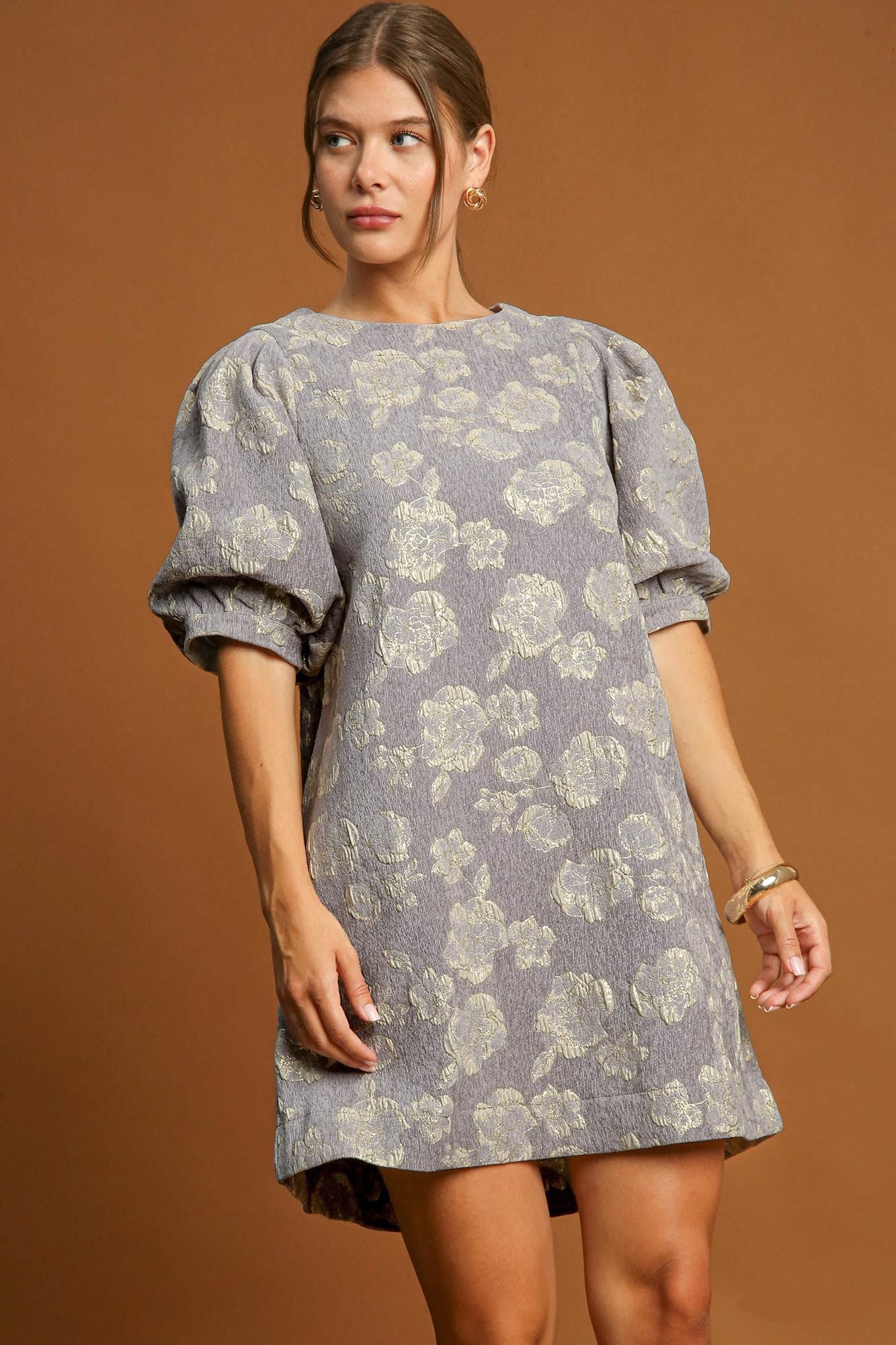 Floral Jacquard Metallic Thread Crew Neck Puff Sleeve Shift Mini Dress