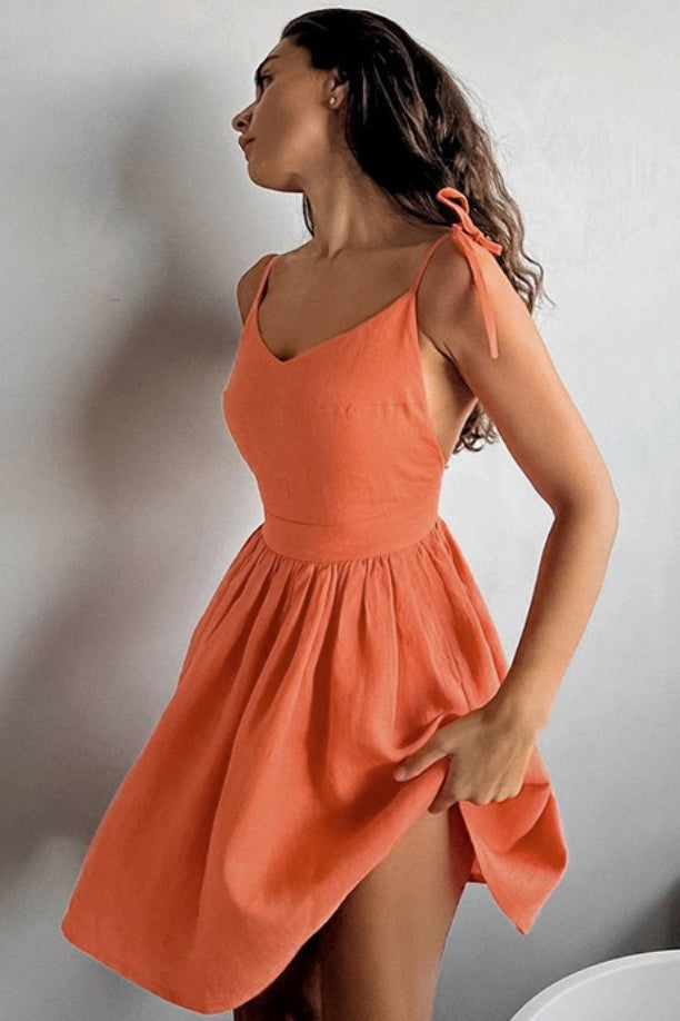 Tie Shoulder Spaghetti Strap V Neck Pleated Linen Blend Flare Mini Dress