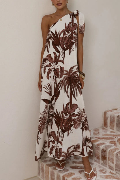 Botanical Print Sleeveless One-shoulder Casual Vacation Maxi Dress