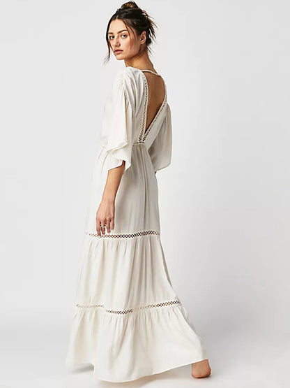 Boho Dress V-Neck Low-cut Back Ruffles Tiered Hollow Maxi Dresses