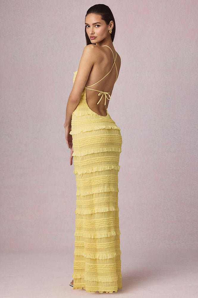 | Backless Ruched Pleated Maxi Dress