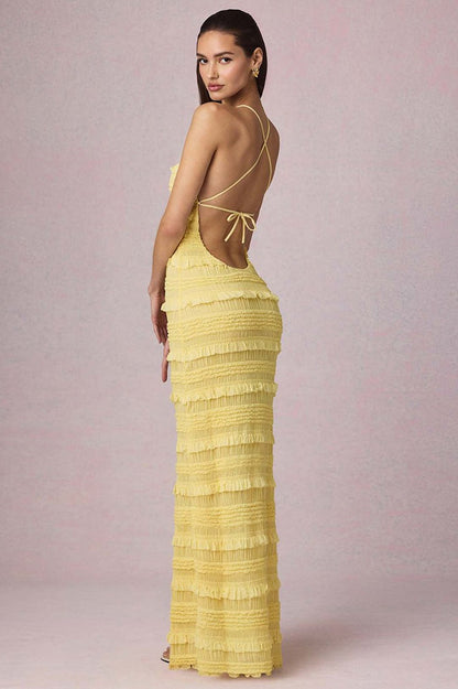 | Backless Ruched Pleated Maxi Dress