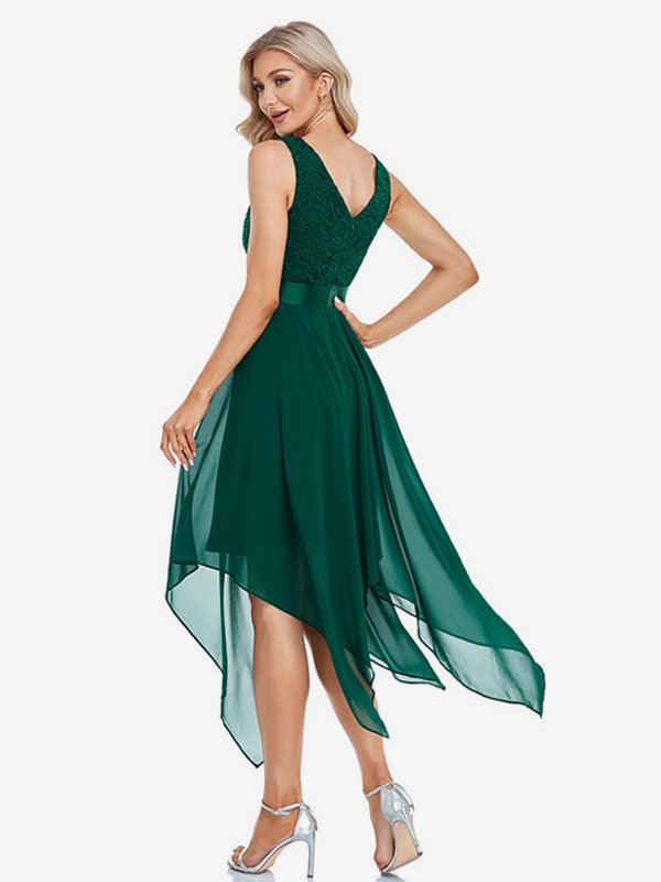 Handkerchief Dresses V-Neck Sleeveless Ribbon Waist Irregular Prom Midi Dress