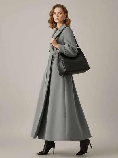 Belted Double-Breasted Woolen Full-Length Coat With Balloon Sleeves For Women 2026