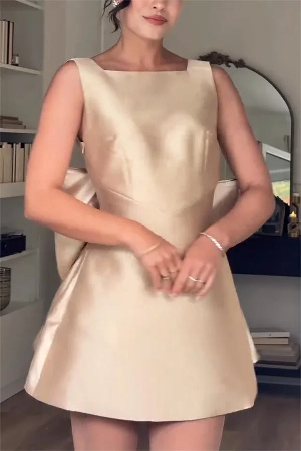 Square Neck Satin Oversized Back Bow Plunge Back Mini Dress