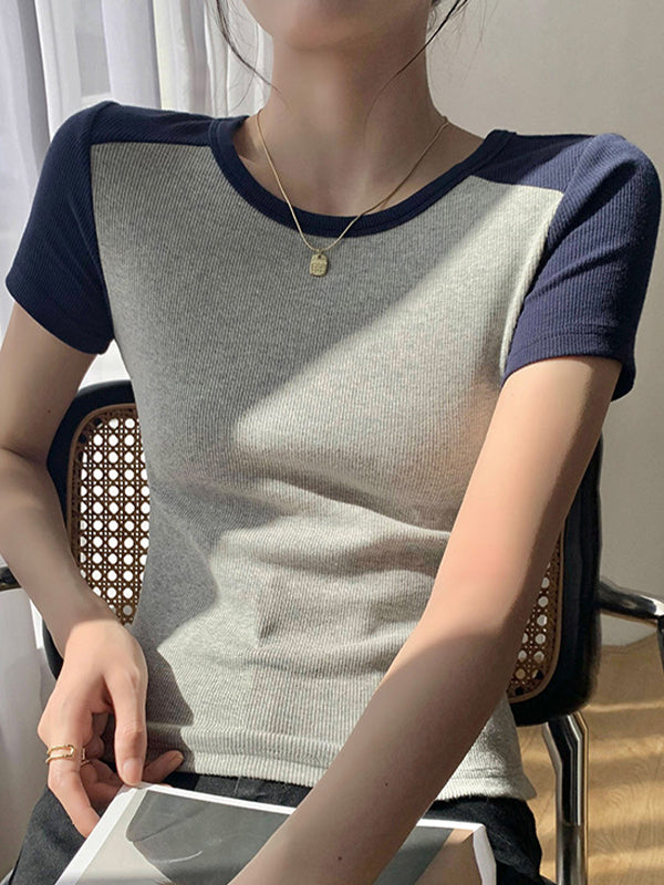 Contrast Color Stitching Crewneck Short Sleeve Knits