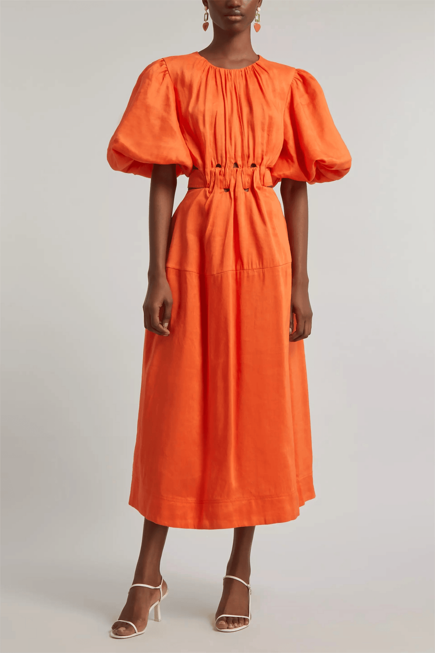 Solid Puff Sleeve Cut-Out Midi Dress