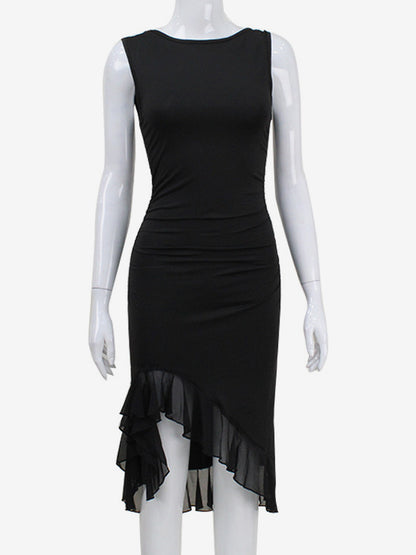 Black Party Dress Tulle Ruffles Boatneck Asymmetrical Semi Formal Midi Dresses