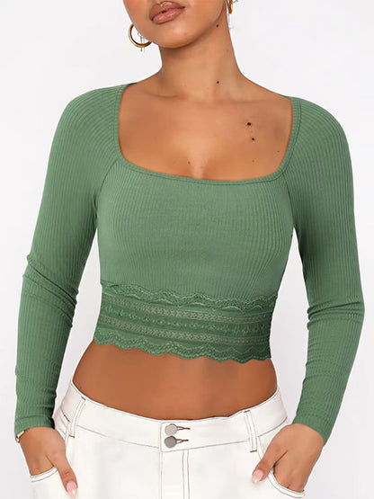 Solid Color Lace Hem Square Neck Crop Long Sleeve Knit