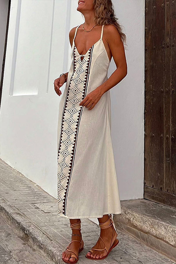 Tribal Geometric Panel Plunge V-Neck Spaghetti Strap Midi Dress