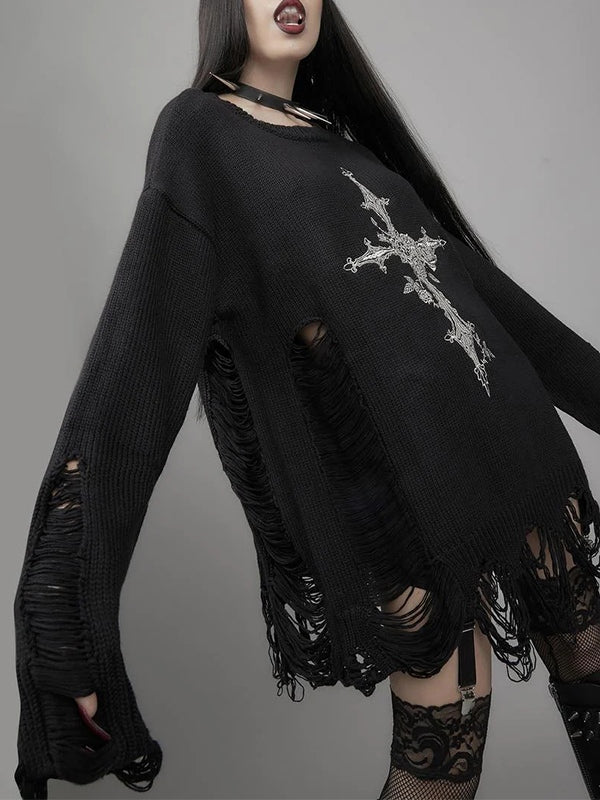 Cross Print Cutout Tattered Design Sweater