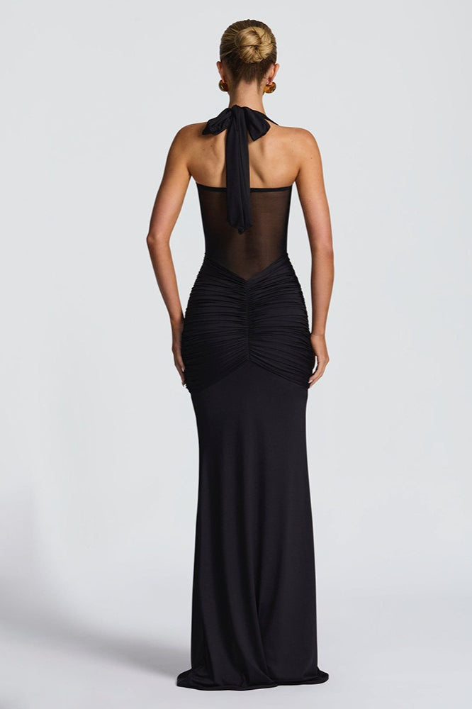 Halter Sweetheart Ruched Mesh Panel Cutout Front Drape Maxi Dress