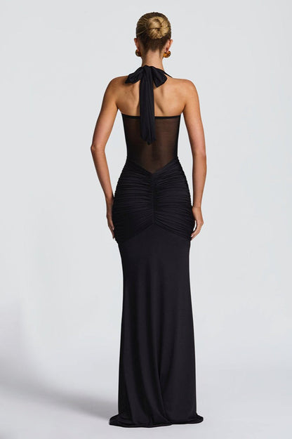 Halter Sweetheart Ruched Mesh Panel Cutout Front Drape Maxi Dress