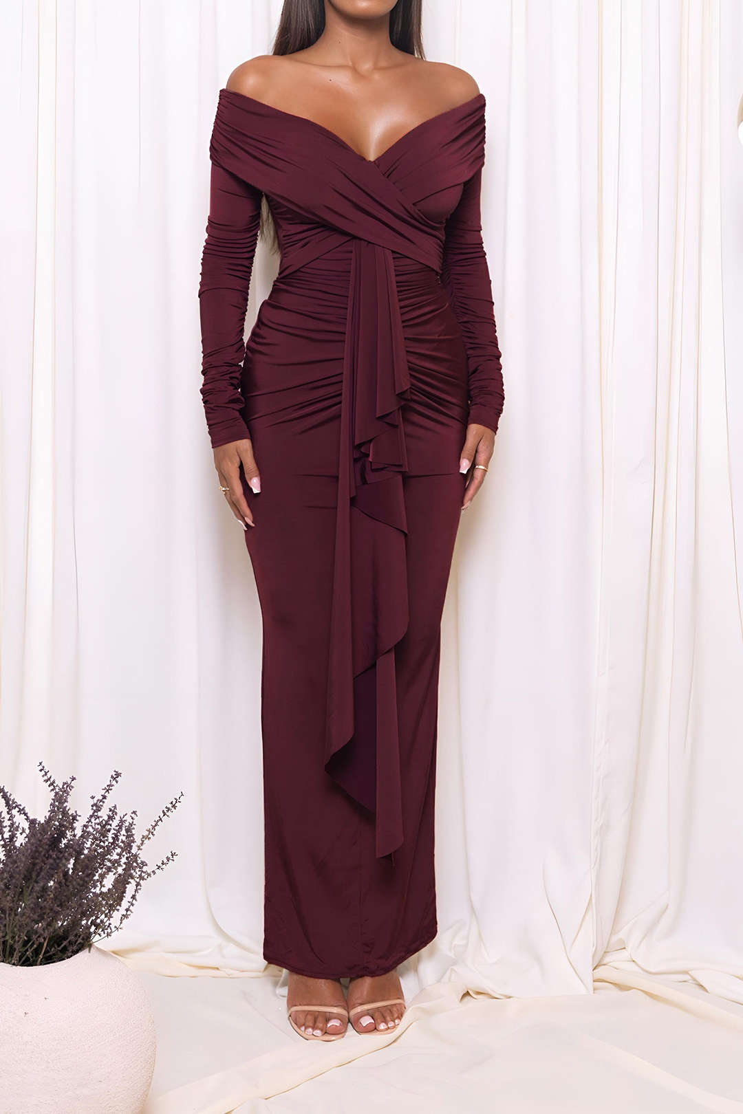 Off Shoulder Wrap Sweetheart Long Sleeve Center Drape Ruched Maxi Dress