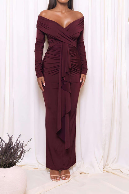Off Shoulder Wrap Sweetheart Long Sleeve Center Drape Ruched Maxi Dress