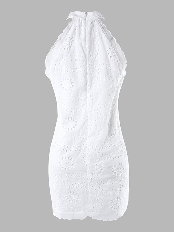 Loose Sleeveless Hollow Solid Color Split-Joint Zipper Stand Collar Mini Dresses