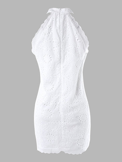 Loose Sleeveless Hollow Solid Color Split-Joint Zipper Stand Collar Mini Dresses