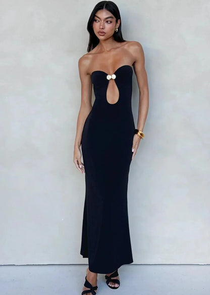 Strapless Sweetheart Ring Hardware Keyhole Cutout Bodycon Maxi Dress