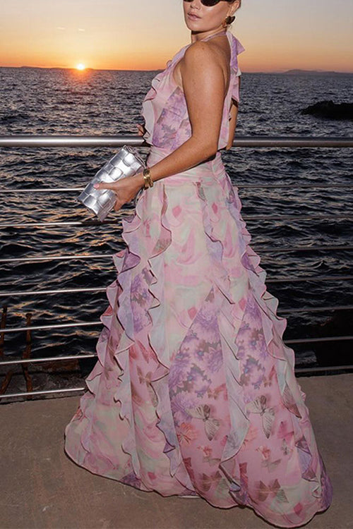 Dreamy Ruffle Halter V Neck Slit Watercolor Floral Maxi Dress