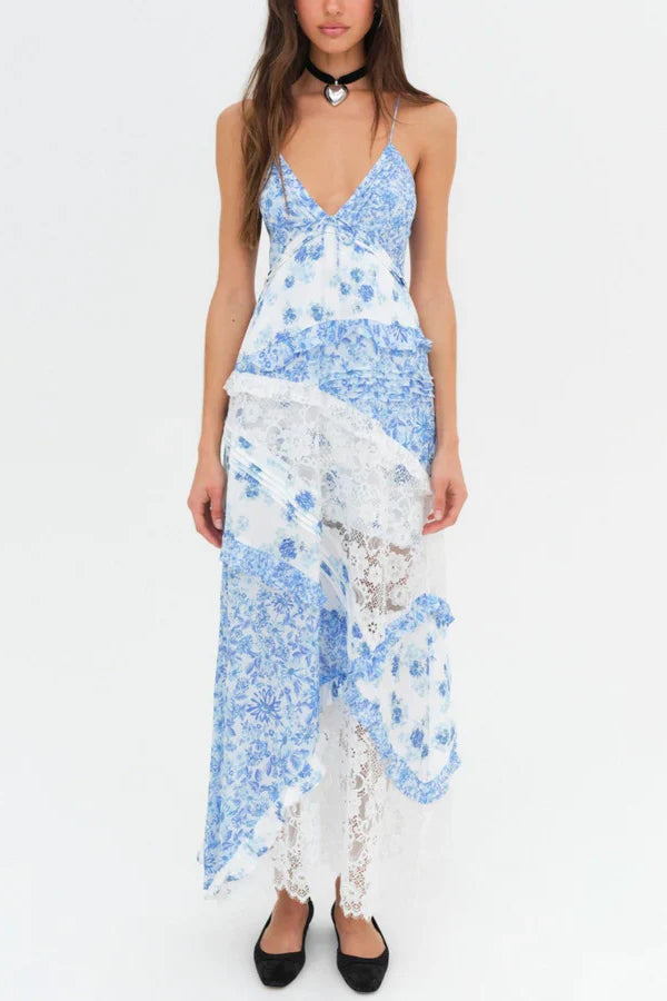 Fashionable Floral Print Lace Patchwork Hollow-out Slim Fit Vacation Ruffle Maxi Dress