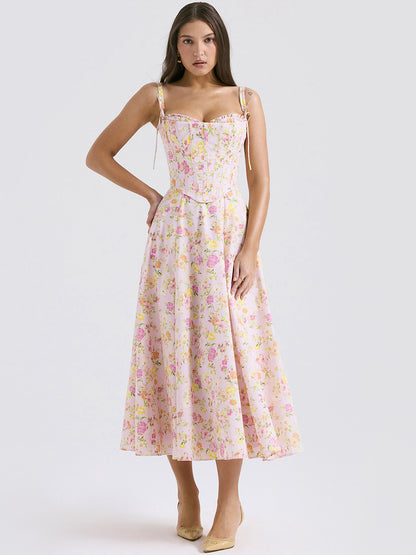 Floral Dress Midi Dress Floral Print Sleeveless Straps Neck Chic Adjustable Straps Lace Up Long Fall