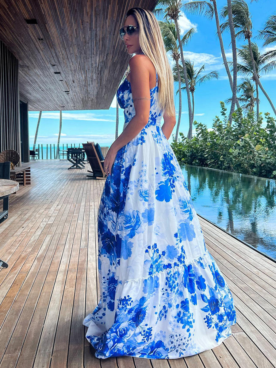 Ombre Floral Dress Spaghetti Straps High Slit Tiered Casual Summer Maxi Dresses