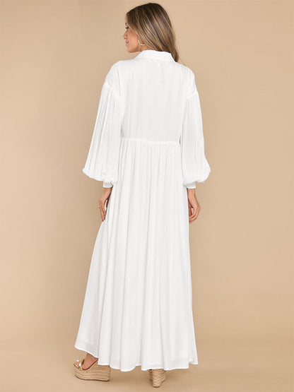 Maxi Dress White Turndown Collar Long Sleeves Oversized Shirt Dress