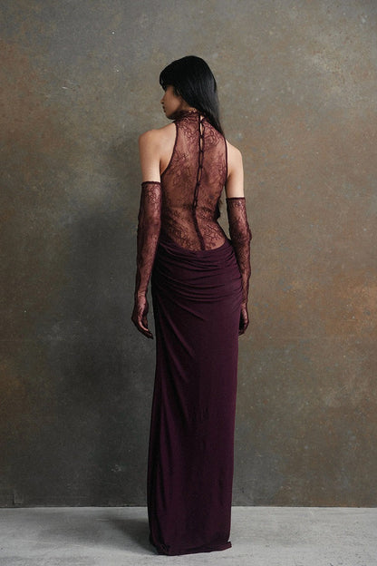 Mock Neck Lace Cowl Overlay Ruched Column Maxi Dress