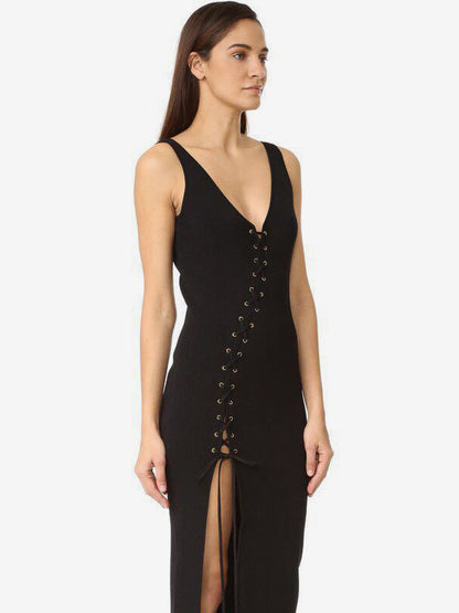 Bodycon Dresses Black Sleeveless Lace Up Sexy Straps Neck Knotted Midi Dress Sheath Dress