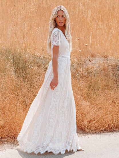 V-Neck Maxi Dress Half Sleeves Lace Bohemian Floor Length Dress
