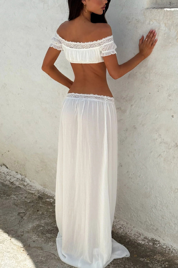 Sexy Off-shoulder Short-sleeved Tie-front Top and Casual Sheer Lace-trimmed Maxi Skirt Cover-up Set