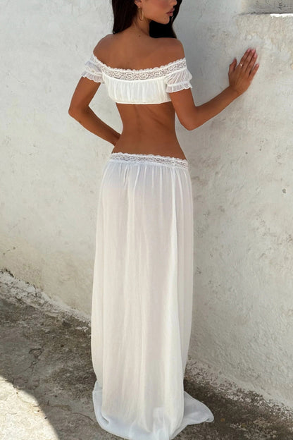 Sexy Off-shoulder Short-sleeved Tie-front Top and Casual Sheer Lace-trimmed Maxi Skirt Cover-up Set