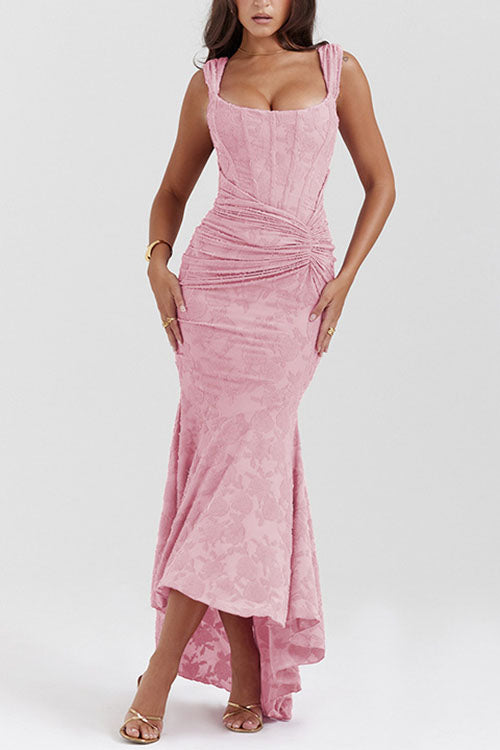 Sleeveless Ruched Waist Ruffle Hem Jacquard Maxi Dress