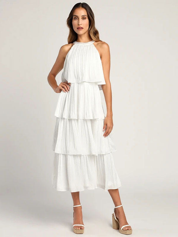 Layered Dress Halter Round Neck Sleeveless Graduation Party Midi Dresses