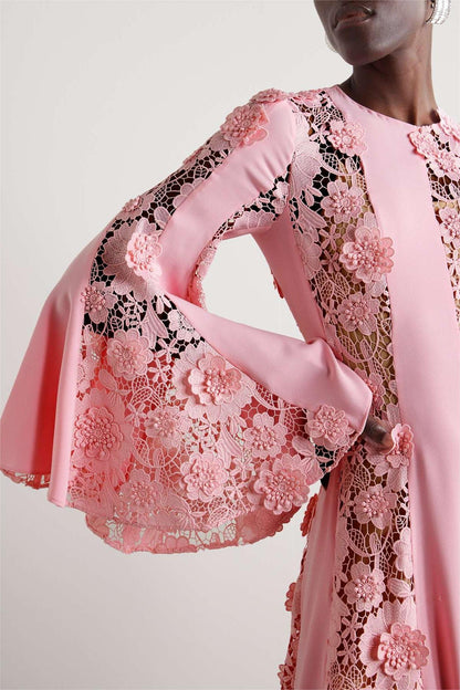 Embroidered Ball Sleeve Solid Maxi Dress