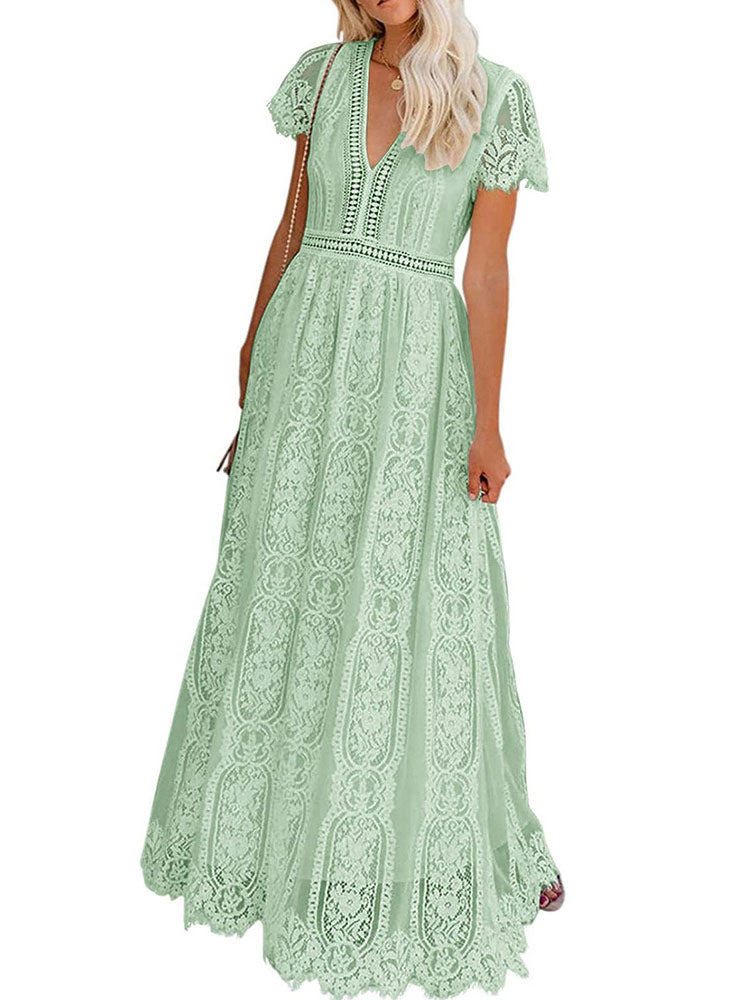 Maxi Dress V-Neck Short Sleeves Casual Long Dress