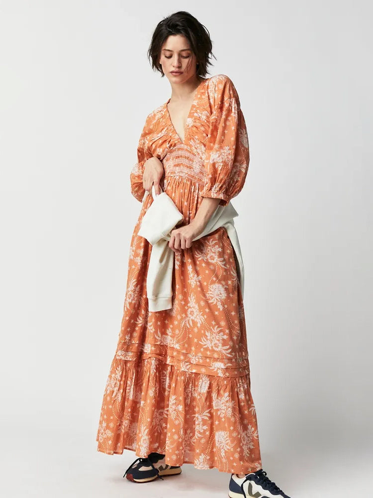 A-Line Flowy Dress Printed V-Neck Puff Sleeves Casual Summer Maxi Dresses