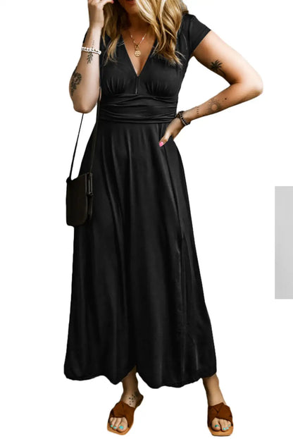 black shirred high waist v neck maxi dress
