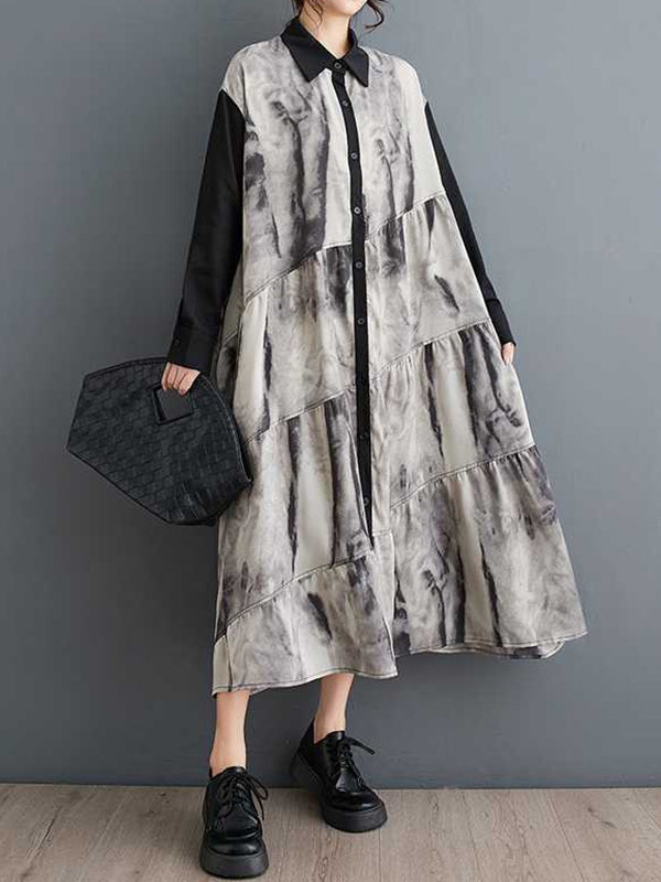 A-Line Long Sleeves Buttoned Printed Split-Joint Wash Painting Lapel Midi Dresses Shirt Dress