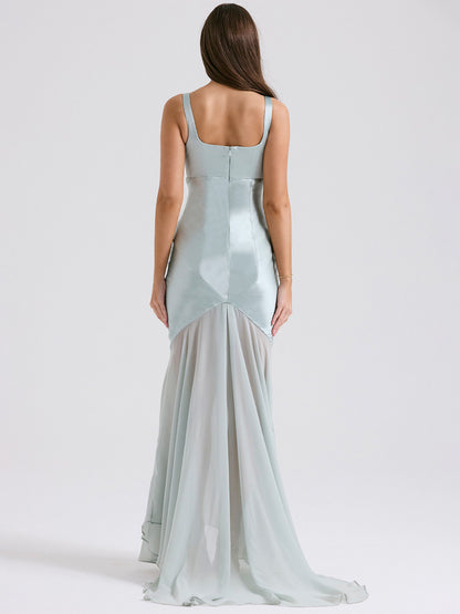 Light Sky Blue Dress Square Neck Backless Tulle Skirt Party Prom Maxi Dresses