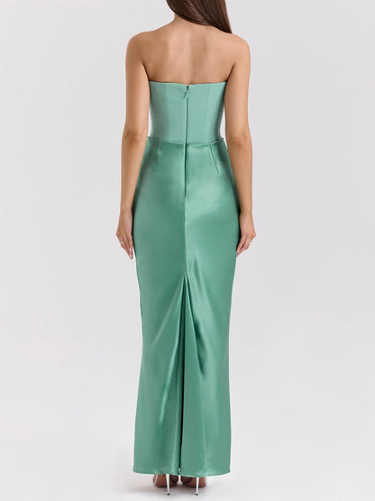 Satin Belted Strapless Off-the-shoulder Fishbone Pleated Long Bodycon Dress
