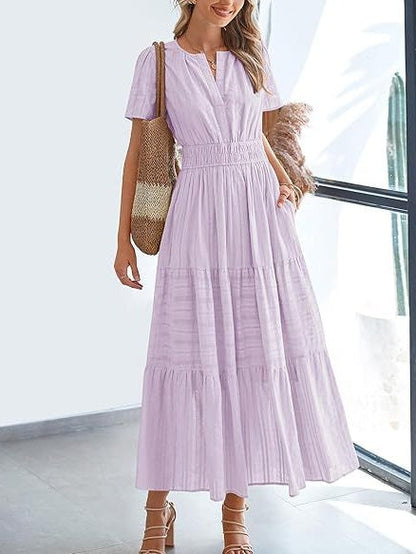 V-neck, Gathered, Puff Sleeve, Full Skirt, Short-sleeved Long Dress
