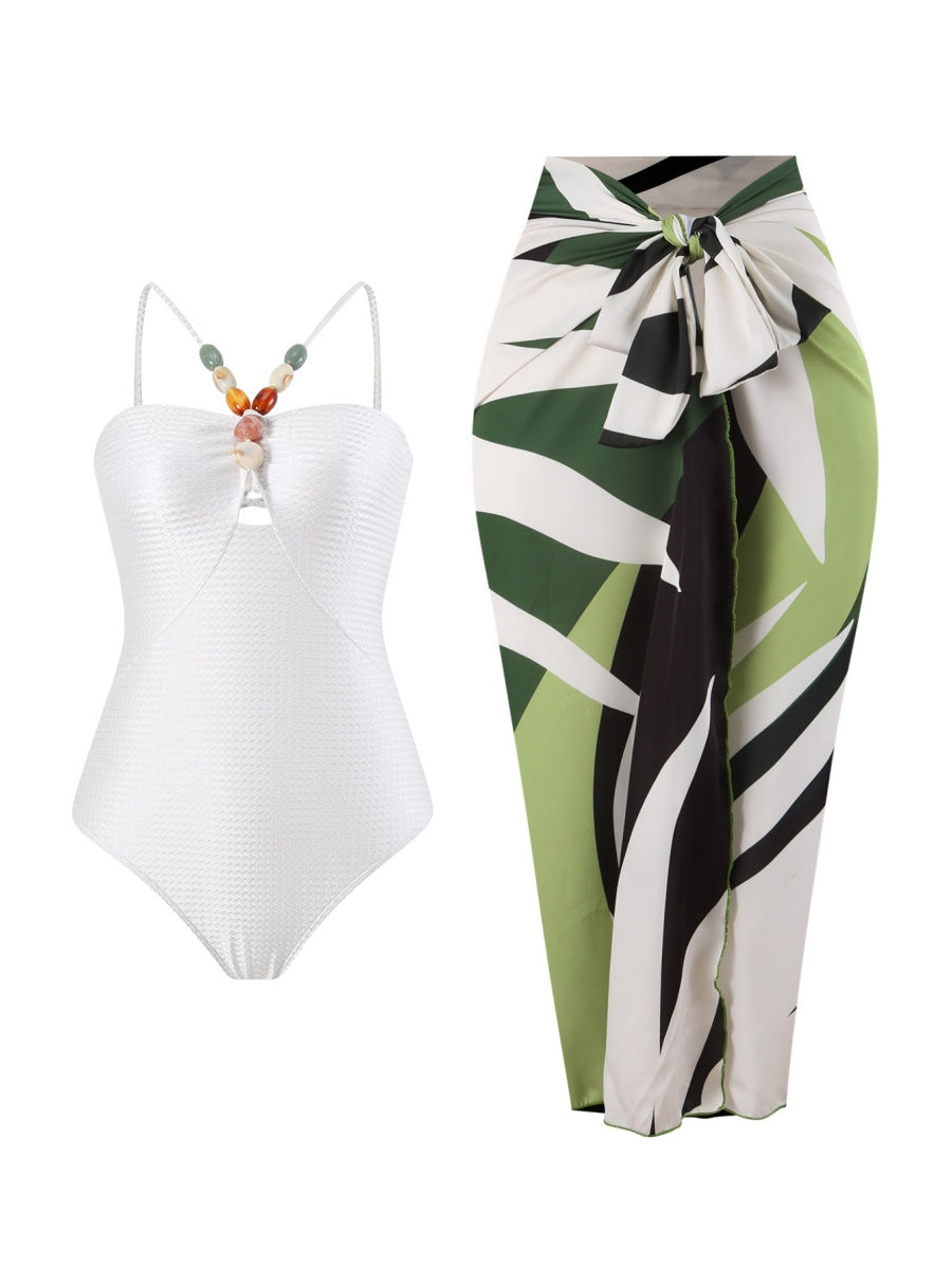 One-piece Swimsuit With Multi-colored Hollowed-out Gemstone Halter Straps, French Style.