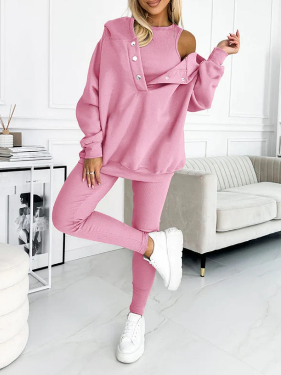 Sporty Casual Hoodie Sweatshirt, Ribbed Slim Fit Vest And Pants Three-piece Set