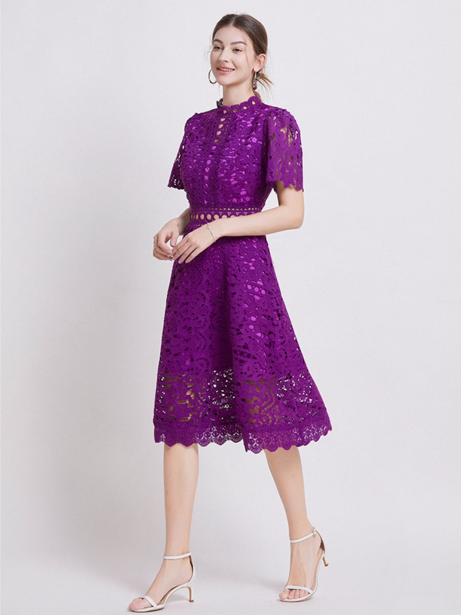 Lace Waist-cinching Hollow-out Midi Dress