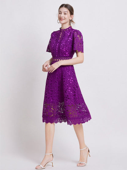 Lace Waist-cinching Hollow-out Midi Dress