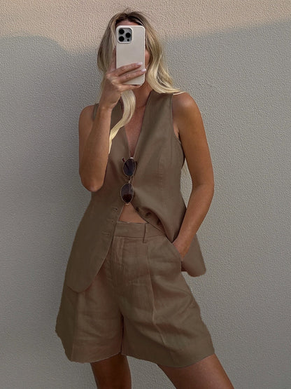 Flax Commuter Vest Loose Shorts Set 2-piece Sets