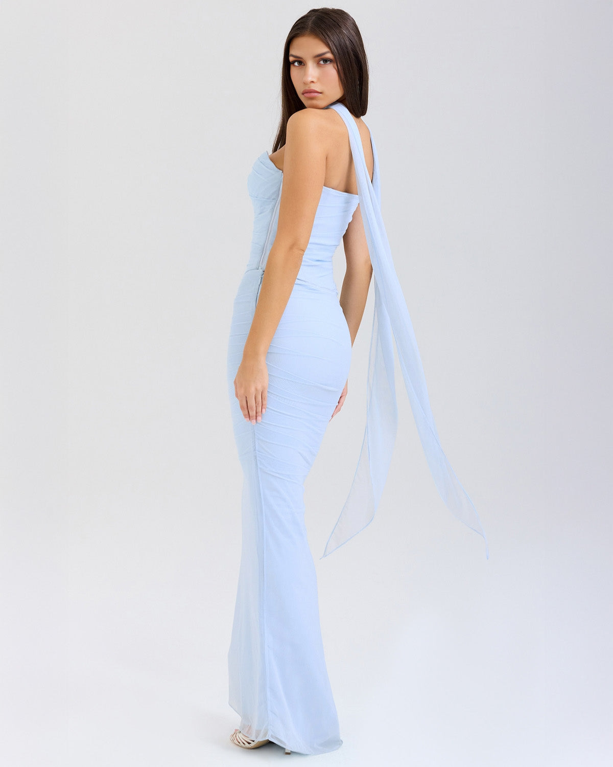 Strapless Pointed Sweetheart Corset Ruched Mesh Bodycon Maxi Dress with Matching Choker